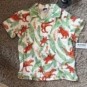 Old Navy Green and Orange Button Down Shirt with Tropical Dinosaur Print